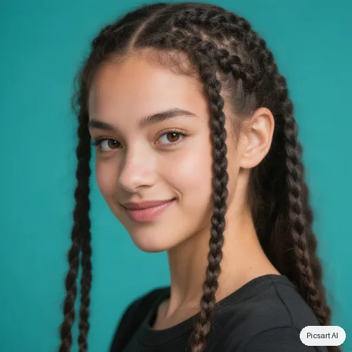 Hunyuan V3: Actor headshot, young woman with long dark braids, plain black top, teal background, three-quarter angle, sharp eyes, slight smile