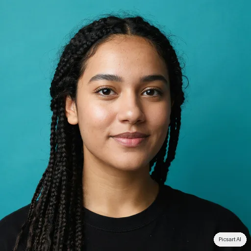 Ideogram 4.5: Actor headshot, young woman with long dark braids, plain black top, teal background, three-quarter angle, sharp eyes, slight smile
