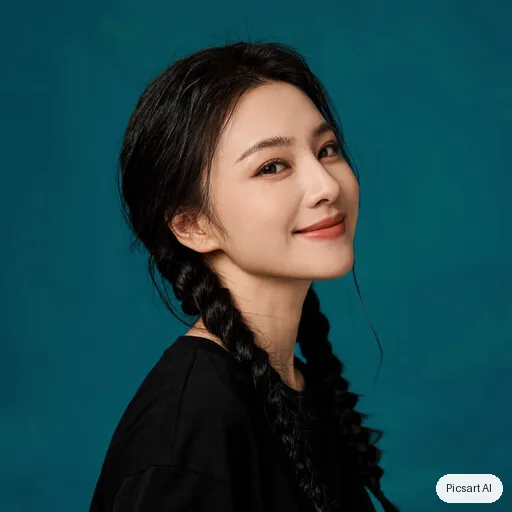 Kling 3.0 Image: Actor headshot, young woman with long dark braids, plain black top, teal background, three-quarter angle, sharp eyes, slight smile