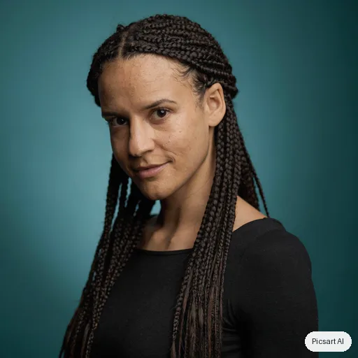 Luma UNI-1: Actor headshot, young woman with long dark braids, plain black top, teal background, three-quarter angle, sharp eyes, slight smile