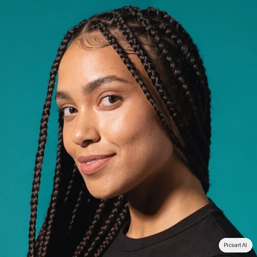 Recraft V4.1: Actor headshot, young woman with long dark braids, plain black top, teal background, three-quarter angle, sharp eyes, slight smile