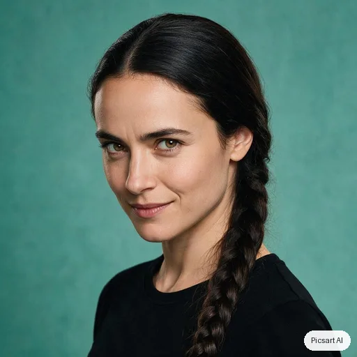 Seedream 5.0 Pro: Actor headshot, young woman with long dark braids, plain black top, teal background, three-quarter angle, sharp eyes, slight smile