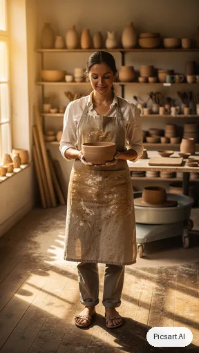 Flux 2 Pro: Full-length vertical portrait of a ceramic artist in a clay-stained apron holding a bowl in a sunlit studio, tall composition for a phone screen