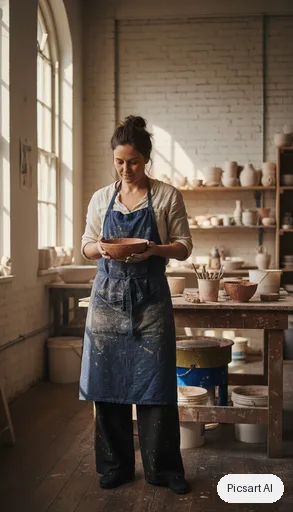 Nano Banana: Full-length vertical portrait of a ceramic artist in a clay-stained apron holding a bowl in a sunlit studio, tall composition for a phone screen