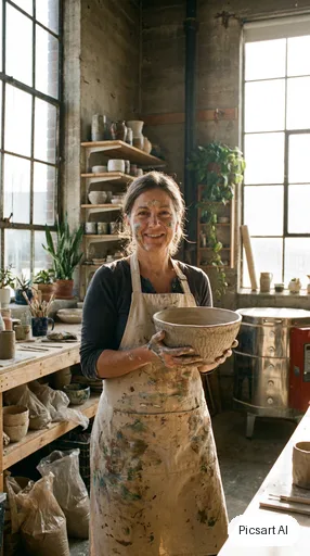 Nano Banana Pro: Full-length vertical portrait of a ceramic artist in a clay-stained apron holding a bowl in a sunlit studio, tall composition for a phone screen