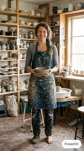 Nano Banana 2: Full-length vertical portrait of a ceramic artist in a clay-stained apron holding a bowl in a sunlit studio, tall composition for a phone screen