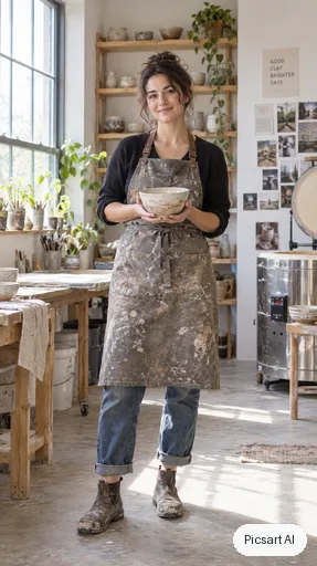 GPT Image 2.5 Sunburst output for: Full-length vertical portrait of a ceramic artist in a clay-stained apron holding a bowl in a sunlit studio, tall composition for a phone screen