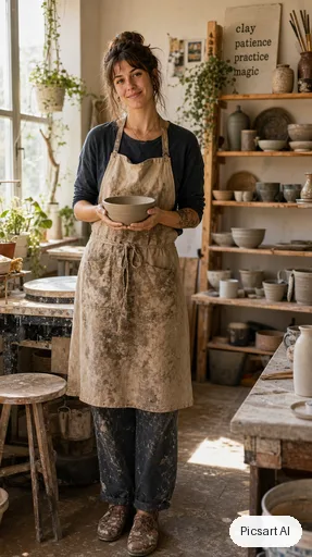 GPT Image 2: Full-length vertical portrait of a ceramic artist in a clay-stained apron holding a bowl in a sunlit studio, tall composition for a phone screen