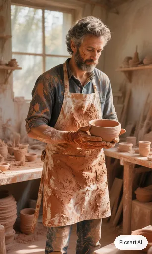 Hunyuan V3: Full-length vertical portrait of a ceramic artist in a clay-stained apron holding a bowl in a sunlit studio, tall composition for a phone screen