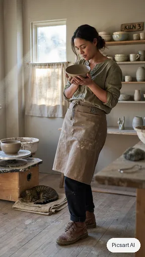 Ideogram 4.5: Full-length vertical portrait of a ceramic artist in a clay-stained apron holding a bowl in a sunlit studio, tall composition for a phone screen
