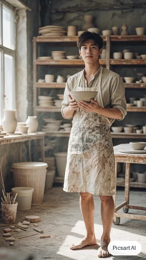 Kling 3.0 Image: Full-length vertical portrait of a ceramic artist in a clay-stained apron holding a bowl in a sunlit studio, tall composition for a phone screen