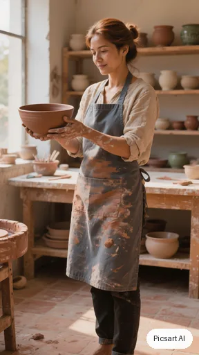 Luma UNI-1: Full-length vertical portrait of a ceramic artist in a clay-stained apron holding a bowl in a sunlit studio, tall composition for a phone screen