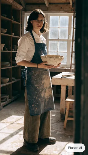 Recraft V4.1: Full-length vertical portrait of a ceramic artist in a clay-stained apron holding a bowl in a sunlit studio, tall composition for a phone screen