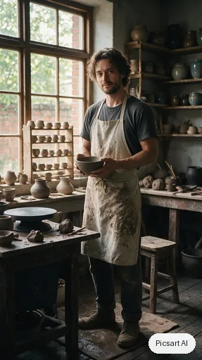 Seedream 5.0 Pro: Full-length vertical portrait of a ceramic artist in a clay-stained apron holding a bowl in a sunlit studio, tall composition for a phone screen