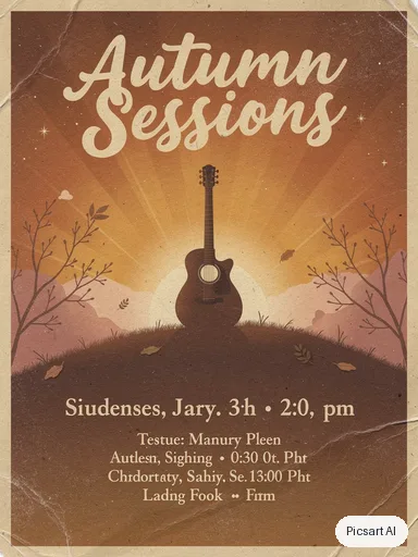 Flux 2 Pro: Concert poster for an indie folk night, big headline "Autumn Sessions" in hand-lettered type, a lone guitar silhouette against a warm sunset, textured paper look