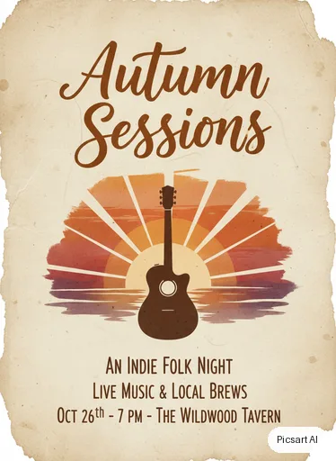 Nano Banana: Concert poster for an indie folk night, big headline "Autumn Sessions" in hand-lettered type, a lone guitar silhouette against a warm sunset, textured paper look