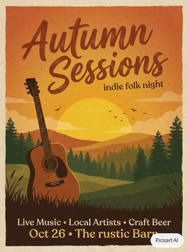Nano Banana Pro: Concert poster for an indie folk night, big headline "Autumn Sessions" in hand-lettered type, a lone guitar silhouette against a warm sunset, textured paper look