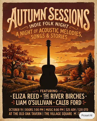 Nano Banana 2: Concert poster for an indie folk night, big headline "Autumn Sessions" in hand-lettered type, a lone guitar silhouette against a warm sunset, textured paper look