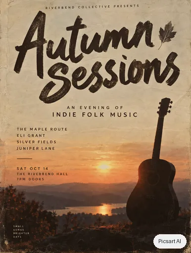 GPT Image 2.5 Sunburst: Concert poster for an indie folk night, big headline "Autumn Sessions" in hand-lettered type, a lone guitar silhouette against a warm sunset, textured paper look