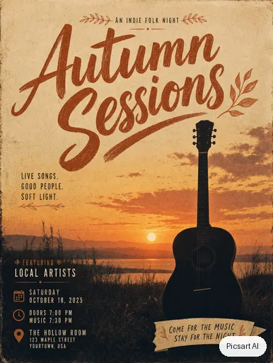 GPT Image 2 output for: Concert poster for an indie folk night, big headline "Autumn Sessions" in hand-lettered type, a lone guitar silhouette against a warm sunset, textured paper look