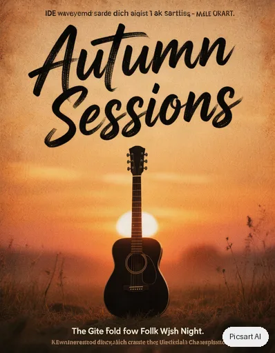 Hunyuan V3: Concert poster for an indie folk night, big headline "Autumn Sessions" in hand-lettered type, a lone guitar silhouette against a warm sunset, textured paper look