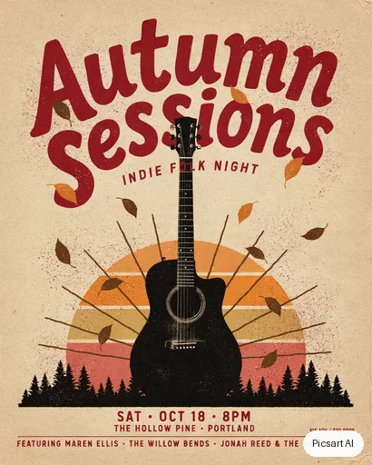 Ideogram 4.5: Concert poster for an indie folk night, big headline "Autumn Sessions" in hand-lettered type, a lone guitar silhouette against a warm sunset, textured paper look