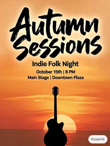 Kling 3.0 Image: Concert poster for an indie folk night, big headline "Autumn Sessions" in hand-lettered type, a lone guitar silhouette against a warm sunset, textured paper look