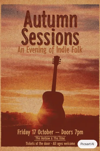 Luma UNI-1: Concert poster for an indie folk night, big headline "Autumn Sessions" in hand-lettered type, a lone guitar silhouette against a warm sunset, textured paper look
