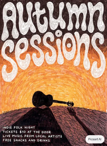 Recraft V4.1: Concert poster for an indie folk night, big headline "Autumn Sessions" in hand-lettered type, a lone guitar silhouette against a warm sunset, textured paper look