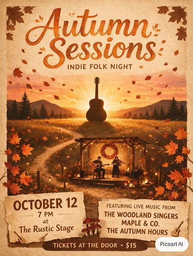 Seedream 5.0 Pro: Concert poster for an indie folk night, big headline "Autumn Sessions" in hand-lettered type, a lone guitar silhouette against a warm sunset, textured paper look