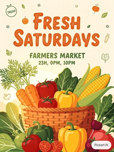 Flux 2 Pro: farmers market flyer with the words "Fresh Saturdays", baskets of vegetables, bright and cheerful