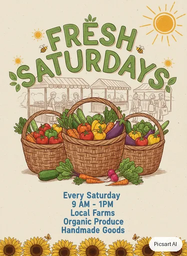 Nano Banana: farmers market flyer with the words "Fresh Saturdays", baskets of vegetables, bright and cheerful