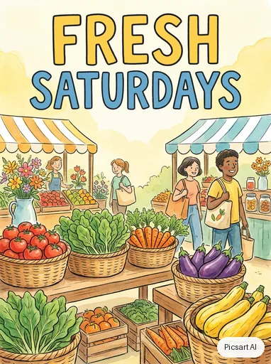 Nano Banana Pro: farmers market flyer with the words "Fresh Saturdays", baskets of vegetables, bright and cheerful