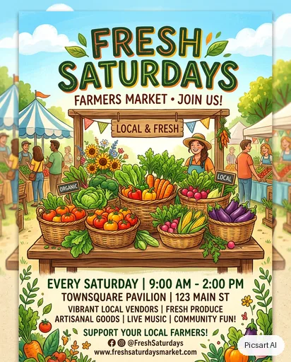 Nano Banana 2: farmers market flyer with the words "Fresh Saturdays", baskets of vegetables, bright and cheerful