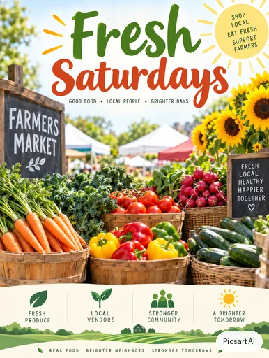 GPT Image 2.5 Sunburst: farmers market flyer with the words "Fresh Saturdays", baskets of vegetables, bright and cheerful