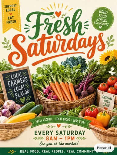 GPT Image 2: farmers market flyer with the words "Fresh Saturdays", baskets of vegetables, bright and cheerful