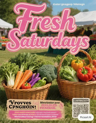 Hunyuan V3: farmers market flyer with the words "Fresh Saturdays", baskets of vegetables, bright and cheerful