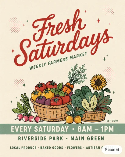 Ideogram 4.5: farmers market flyer with the words "Fresh Saturdays", baskets of vegetables, bright and cheerful