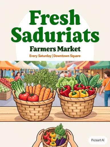 Kling 3.0 Image: farmers market flyer with the words "Fresh Saturdays", baskets of vegetables, bright and cheerful