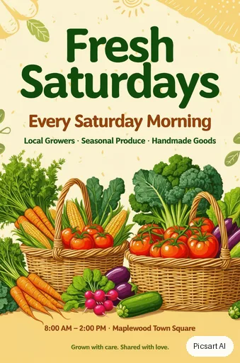 Luma UNI-1: farmers market flyer with the words "Fresh Saturdays", baskets of vegetables, bright and cheerful