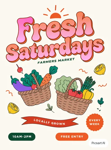 Recraft V4.1: farmers market flyer with the words "Fresh Saturdays", baskets of vegetables, bright and cheerful