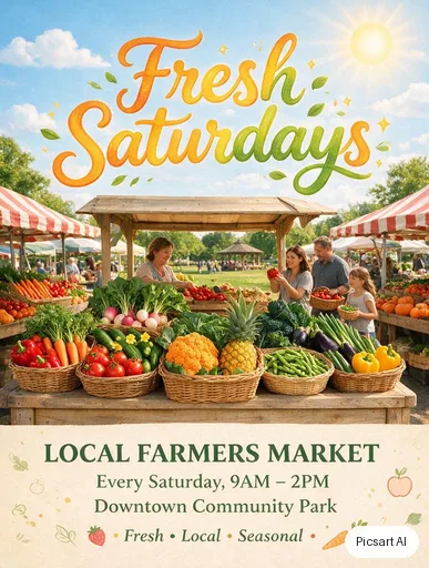 Seedream 5.0 Pro: farmers market flyer with the words "Fresh Saturdays", baskets of vegetables, bright and cheerful