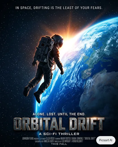 Nano Banana 2: Movie-style poster for a sci-fi thriller titled "Orbital Drift": an astronaut floating above a blue planet, dramatic rim light, bold metallic title at the bottom