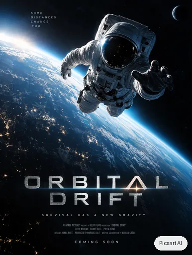 GPT Image 2.5 Sunburst: Movie-style poster for a sci-fi thriller titled "Orbital Drift": an astronaut floating above a blue planet, dramatic rim light, bold metallic title at the bottom
