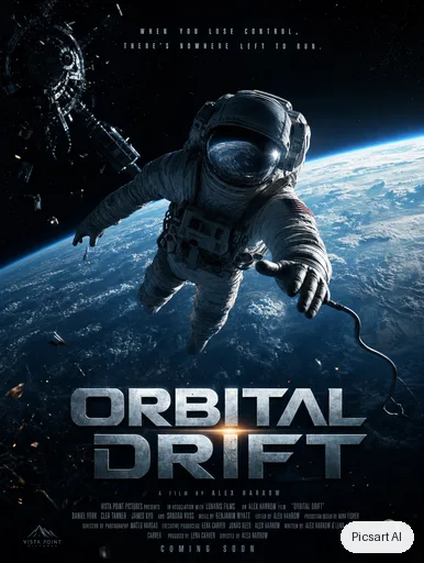 GPT Image 2: Movie-style poster for a sci-fi thriller titled "Orbital Drift": an astronaut floating above a blue planet, dramatic rim light, bold metallic title at the bottom