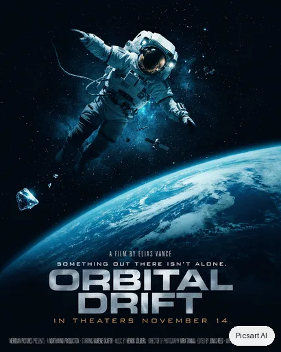 Ideogram 4.5: Movie-style poster for a sci-fi thriller titled "Orbital Drift": an astronaut floating above a blue planet, dramatic rim light, bold metallic title at the bottom
