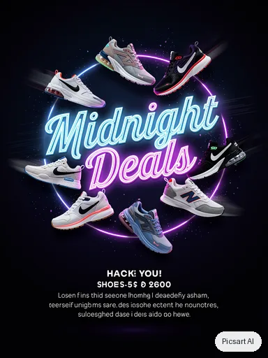 Flux 2 Pro: Promo flyer for a shoe store sale, headline "Midnight Deals" in huge neon letters on a dark background, sneakers floating around the text