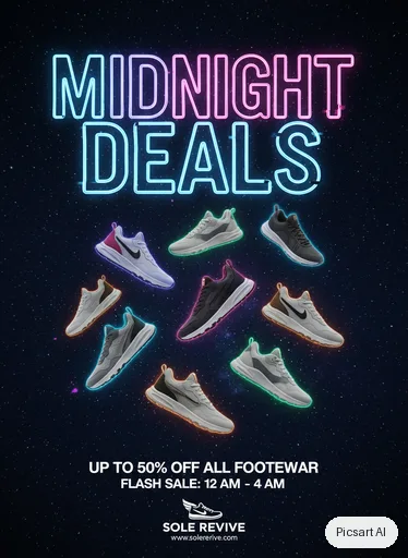 Nano Banana: Promo flyer for a shoe store sale, headline "Midnight Deals" in huge neon letters on a dark background, sneakers floating around the text
