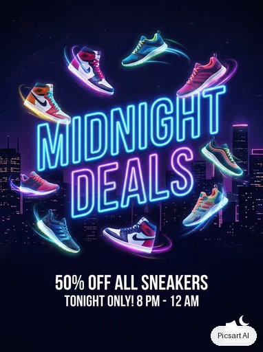 Nano Banana Pro: Promo flyer for a shoe store sale, headline "Midnight Deals" in huge neon letters on a dark background, sneakers floating around the text