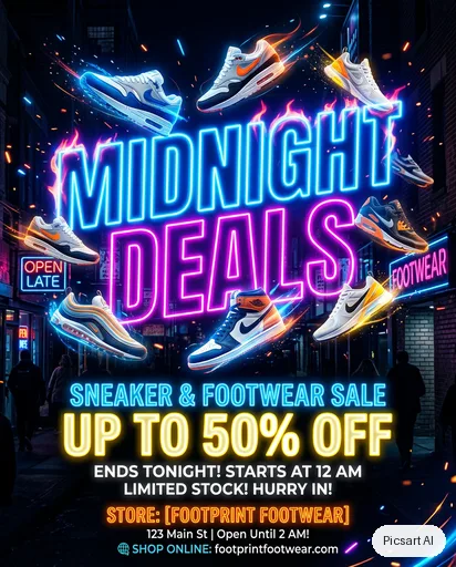 Nano Banana 2: Promo flyer for a shoe store sale, headline "Midnight Deals" in huge neon letters on a dark background, sneakers floating around the text